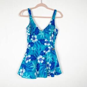 2/$30 Maxine of Hollywood Surplice Swimdress Shell Button Floral Blue 16 #4676